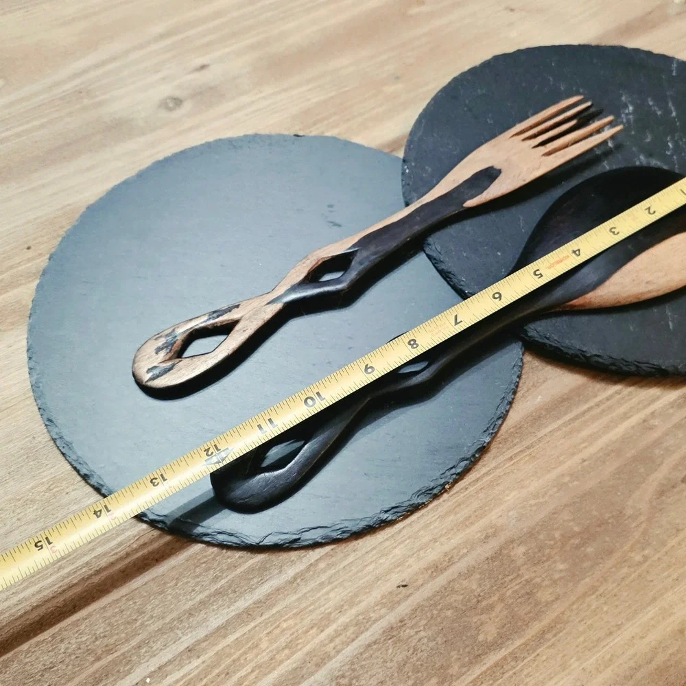 Handmade Two Tone Wooden Salad Server Set Diamond Cutout Handles 12 Inch